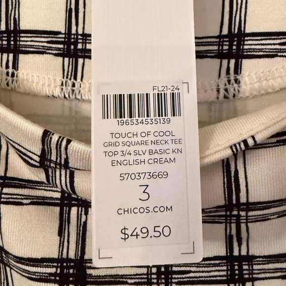Chicos Size 3 Black & Cream Grid Pattern Square-Neck Lined Shirt, 3/4 Sleeve NWT - Picture 11 of 15
